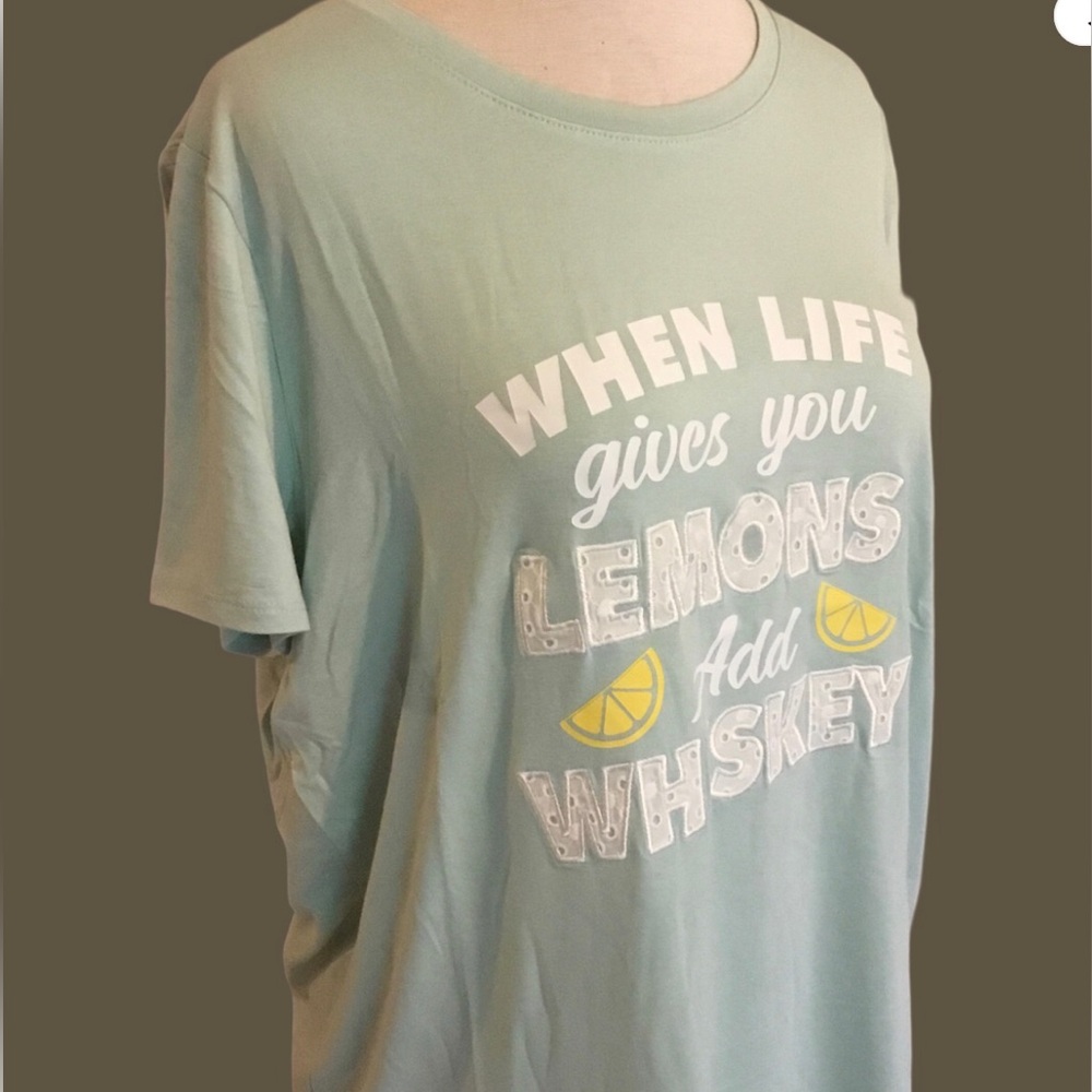 Graphic tee. Women’s, short sleeve, crew neck. Lemon and Whiskey